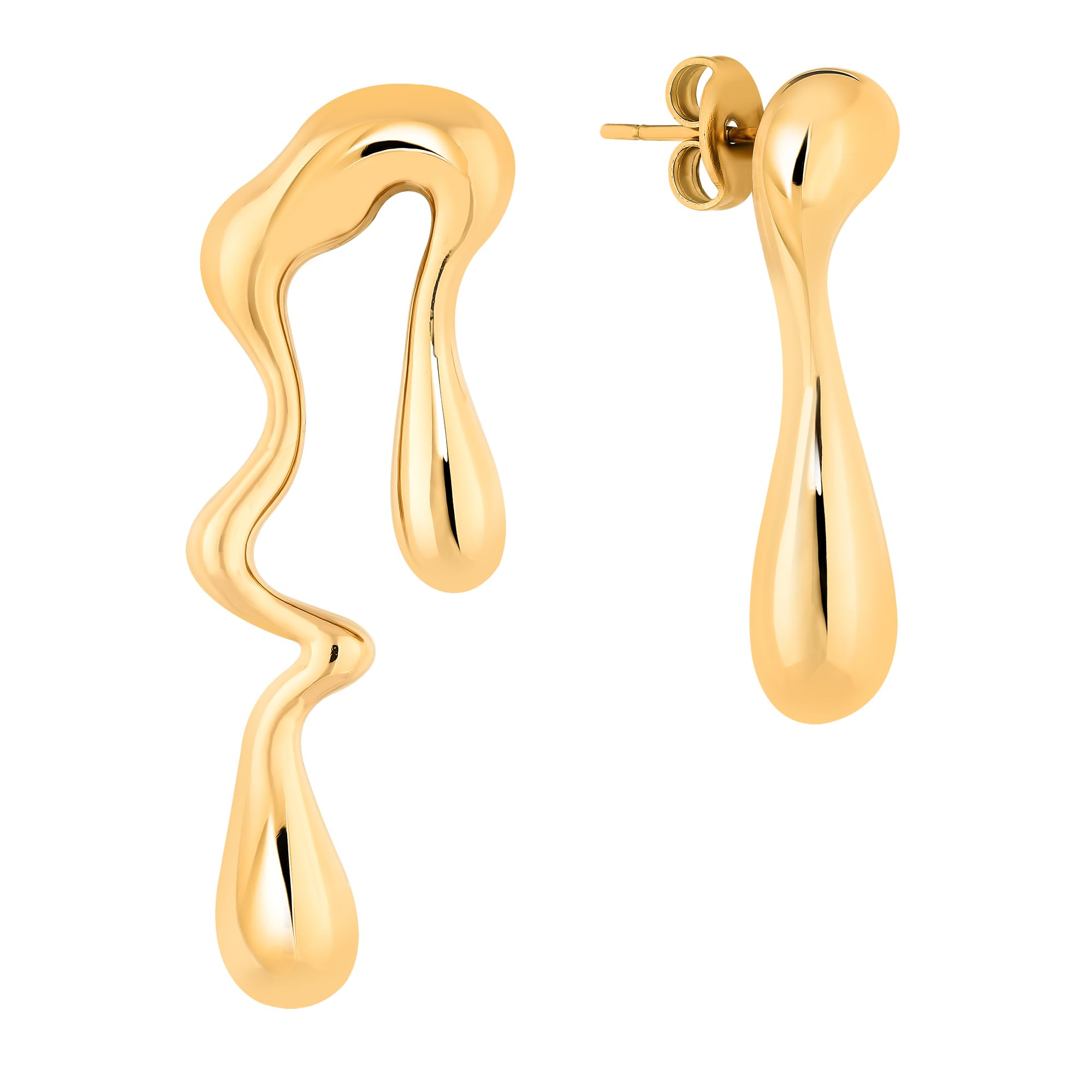 Asymmetrical Earrings, Dripping Mismatched Melting Liquid Dangle Drop Earrings, 18K Gold Plated Stainless Steel Gift for Women (Gold)
