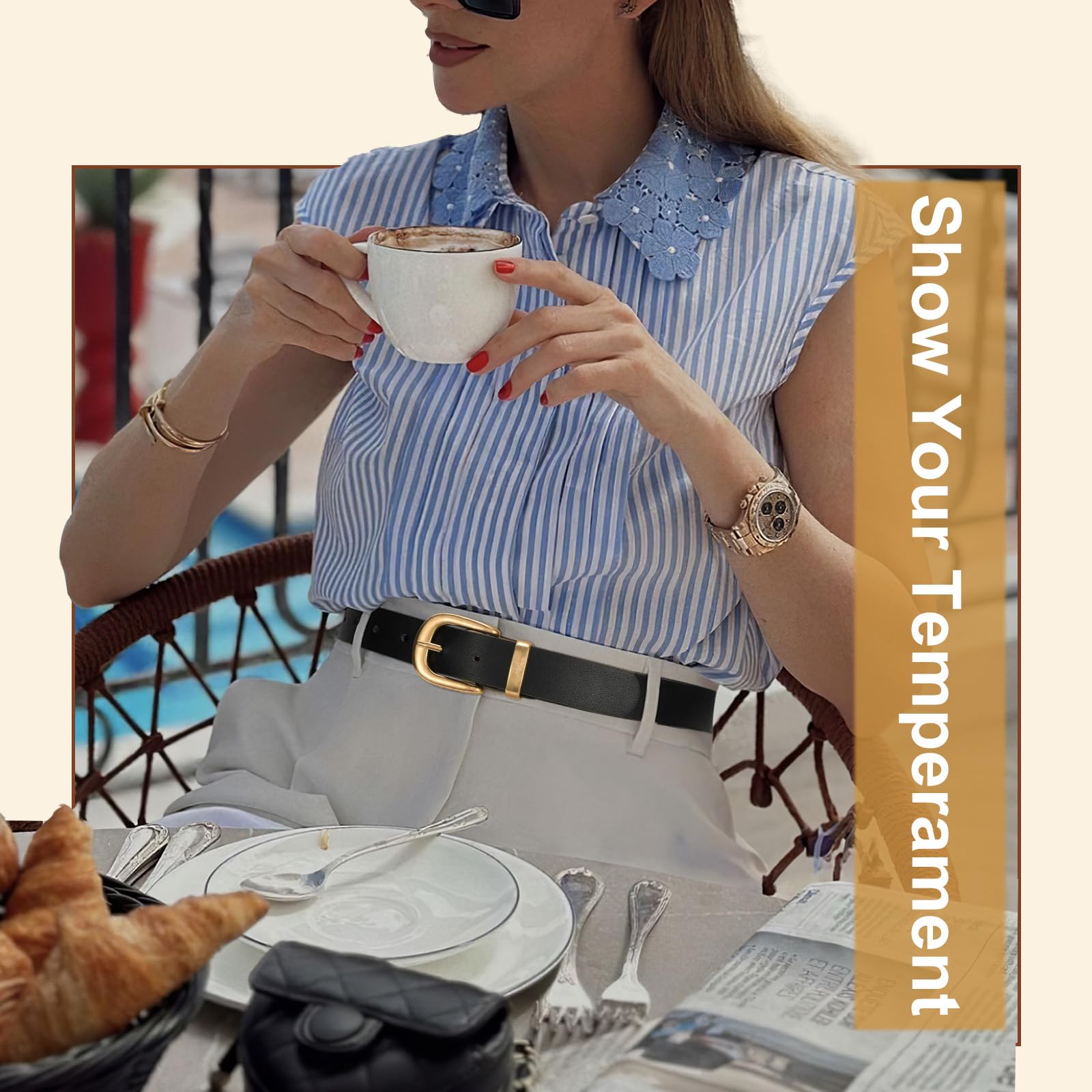 2 Packs Womens Belts for Jeans Ladies Belt for Dresses Fashion Leather Belt with Gold Buckle